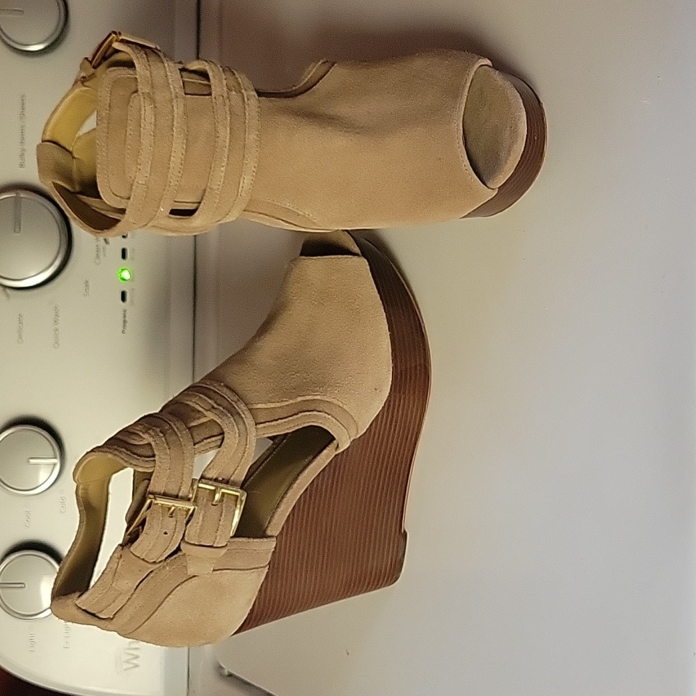 KORS Michael Kors Tan Suede Peep-Toe Wedge Booties